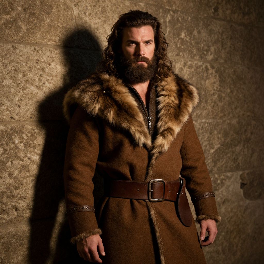 Bearded Man in Fur Collar Coat with Medieval Style Against Stone Wall