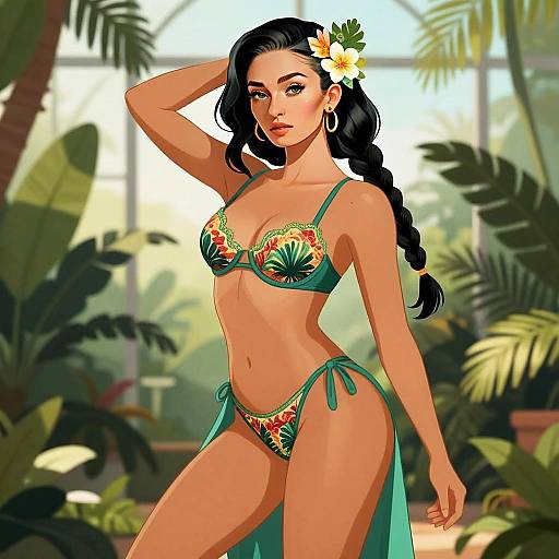 Confident Woman in Floral Bikini Digital Illustration with Tropical Theme