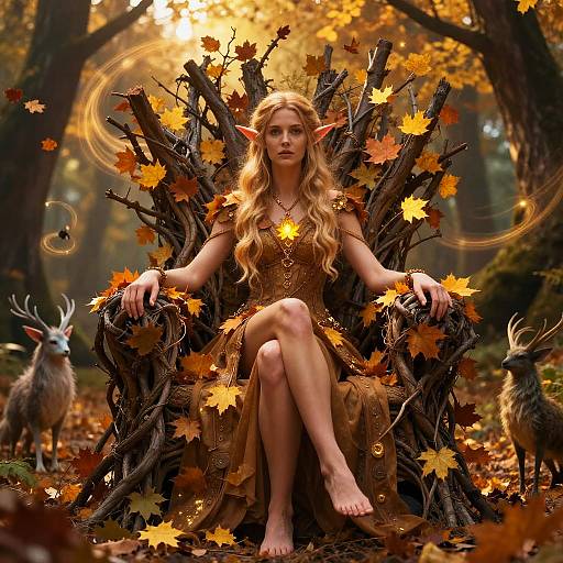 Fantasy Elf Woman Sitting on Autumn Leaf Throne in Enchanted Forest