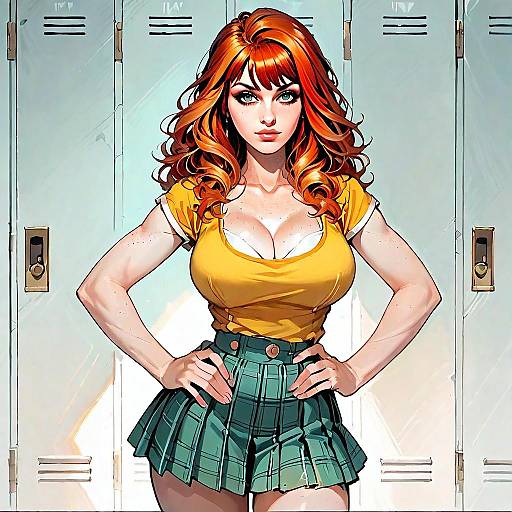 Confident Red-Haired Woman in Yellow Top and Green Plaid Skirt by School Lockers