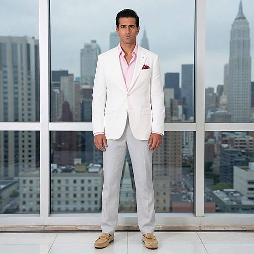 Stylish Man in White Blazer with City Skyline Background