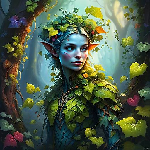 Fantasy Elf Woman in Forest with Leafy Cloak Digital Art
