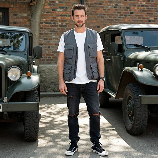 Man Standing Between Vintage Military Jeeps in Casual Outfit