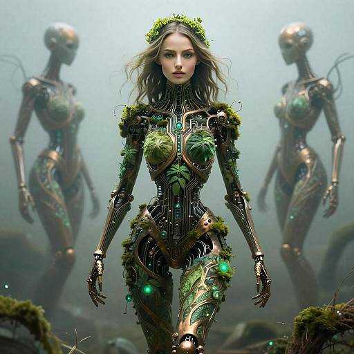 Futuristic Biomechanical Woman with Nature Elements in Sci-Fi Setting