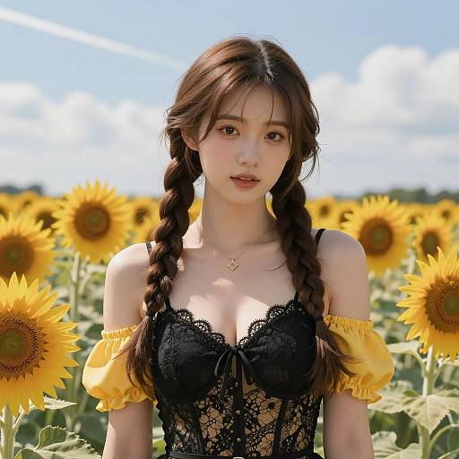 Young Woman in Black Lace Top and Yellow Sleeves in Sunflower Field