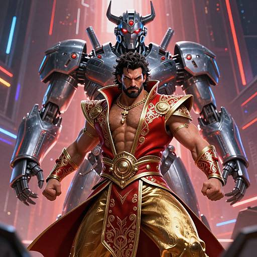 Fantasy Warrior and Futuristic Robot 3D Digital Artwork
