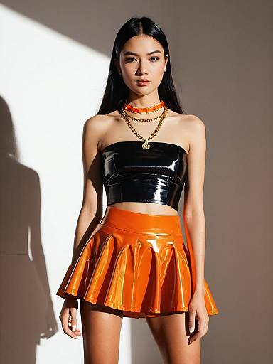 Woman in Modern Streetwear Glossy Black Strapless Cropped Top and Orange Mini Skirt