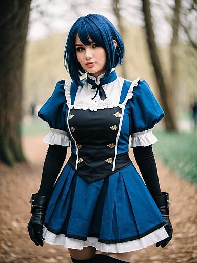 Blue Maid Outfit Cosplay with Short Blue Hair in Outdoor Setting