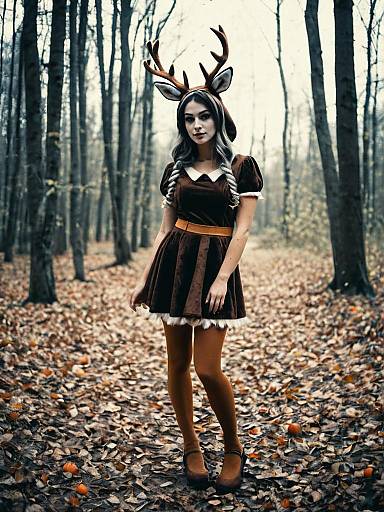 Woman in Bambi Halloween Costume Full Body Cosplay in Forest