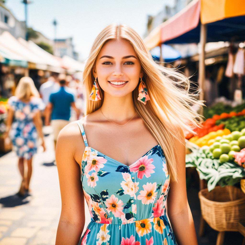 Young Woman in Floral Dress at Vibrant Summer Market