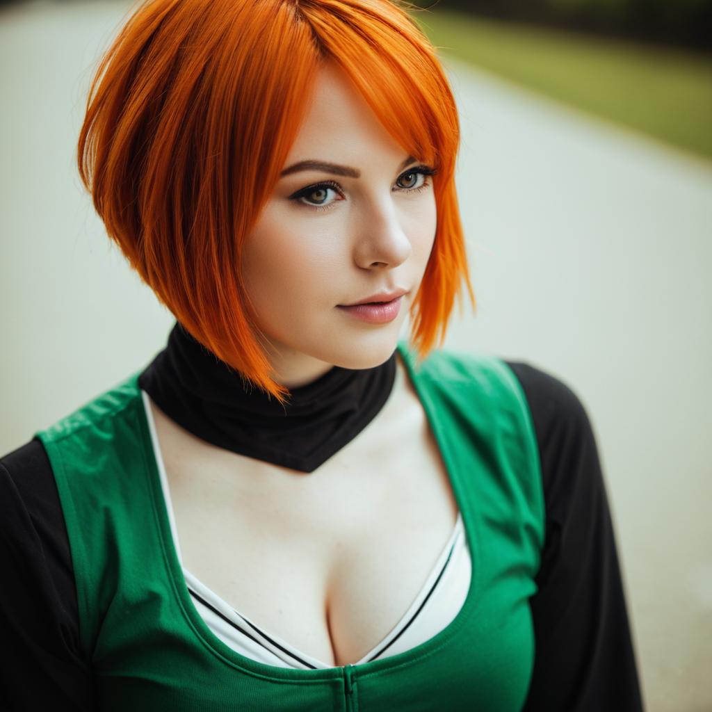 Portrait of Woman with Orange Hair in Green and Black Outfit