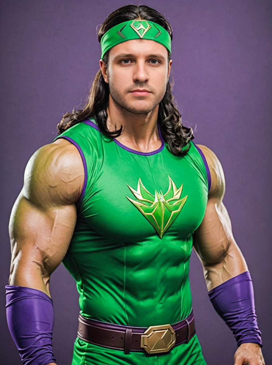 Muscular Superhero in Green and Purple Costume