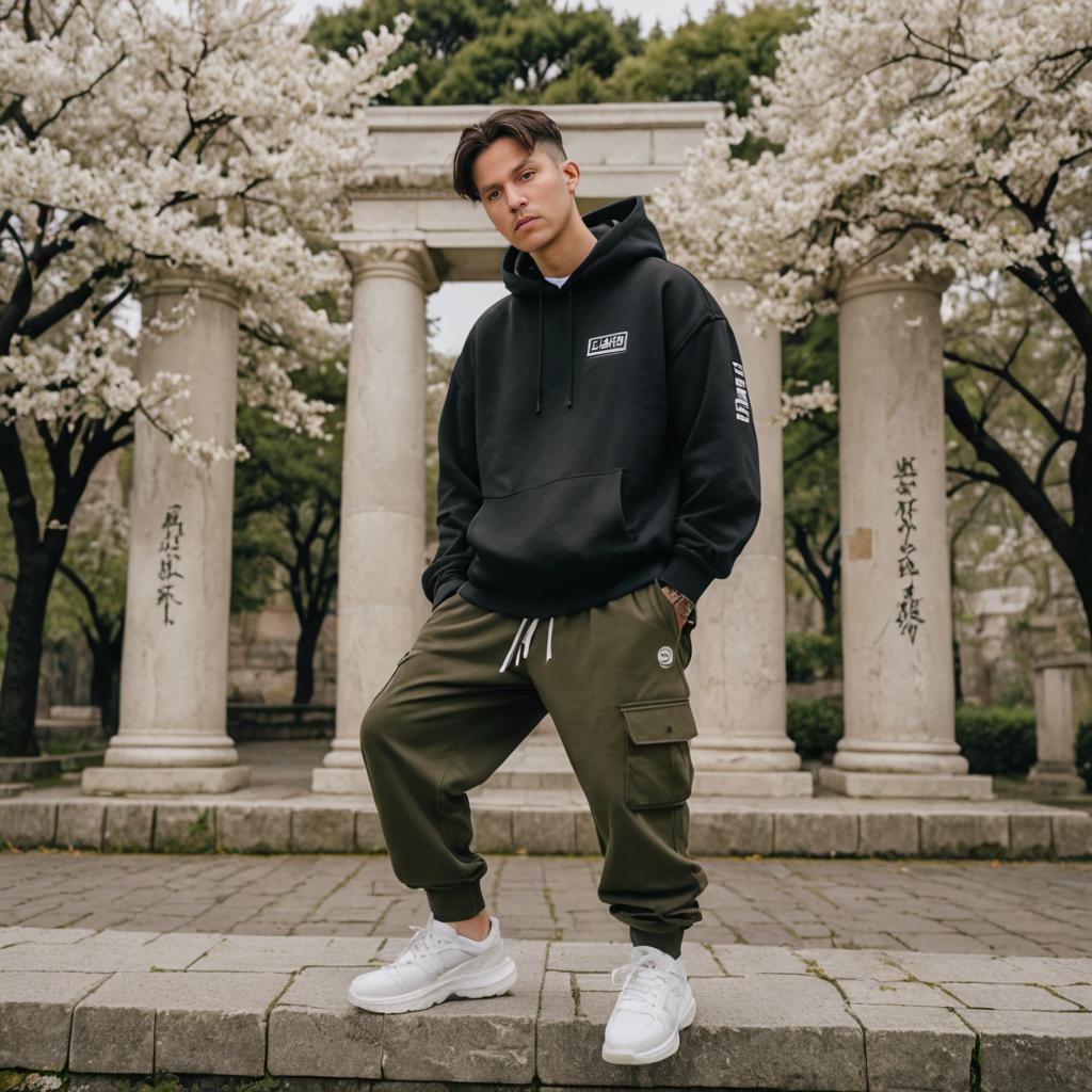 Stylish Man in Hoodie and Cargo Pants by Cherry Blossoms