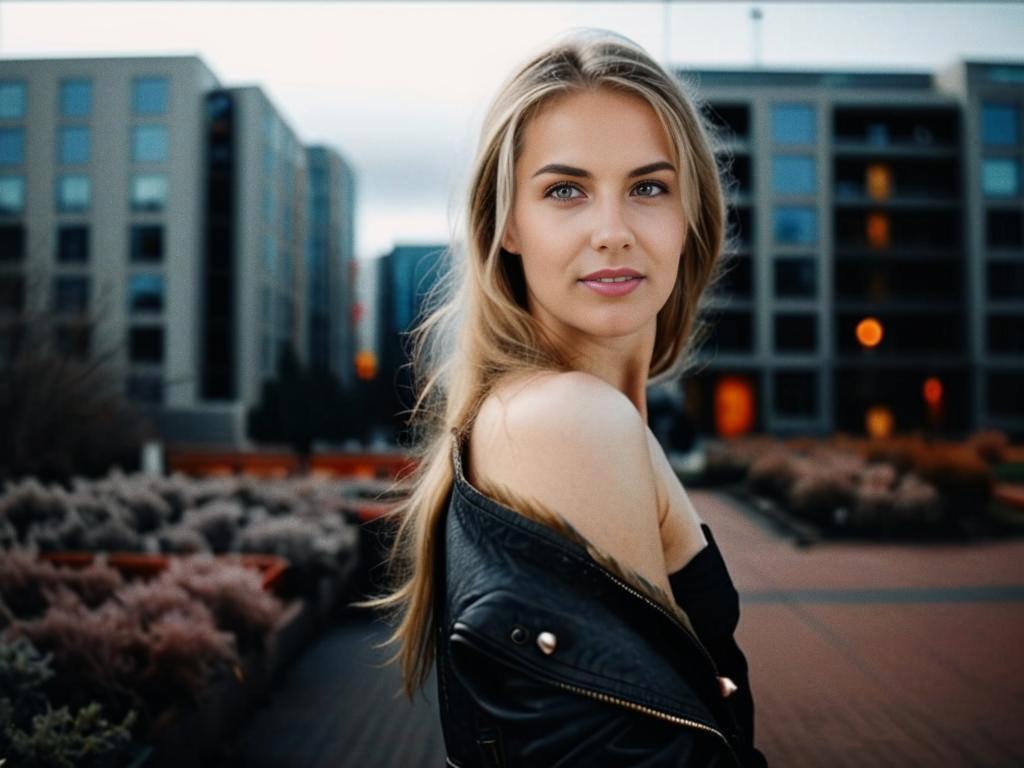 Confident Woman in Leather Jacket Against Urban Backdrop