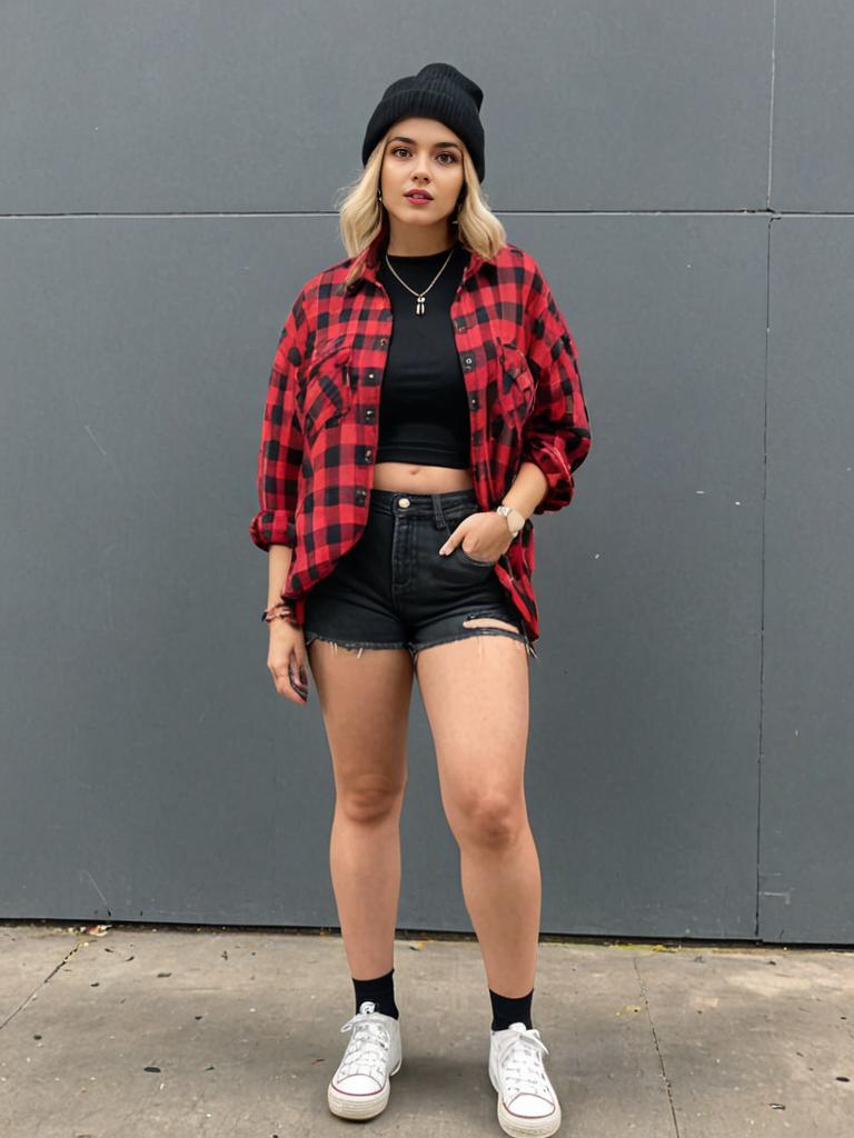 Woman in Black Beanie and Red Plaid Shirt