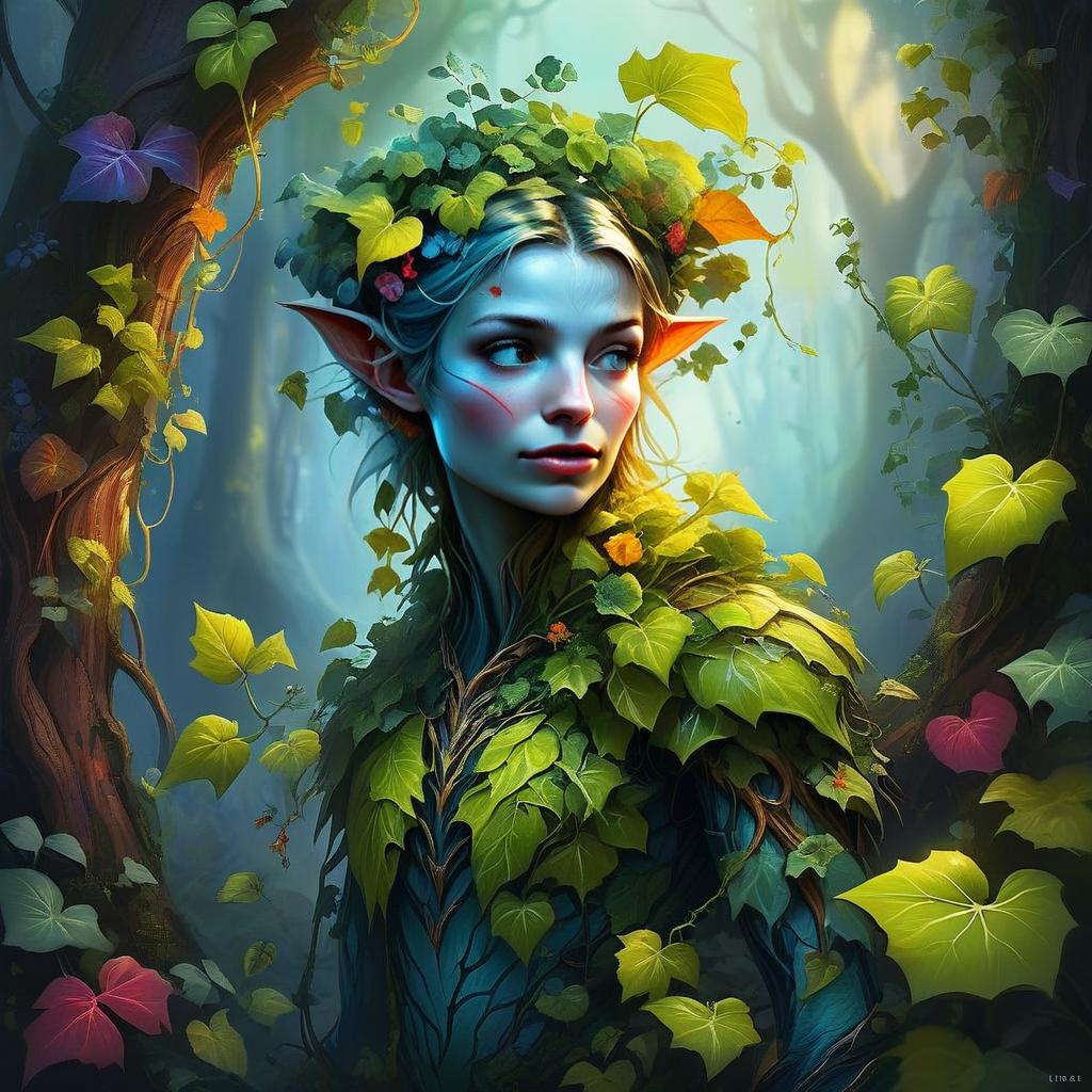Fantasy Elf Woman in Forest with Leafy Cloak Digital Art