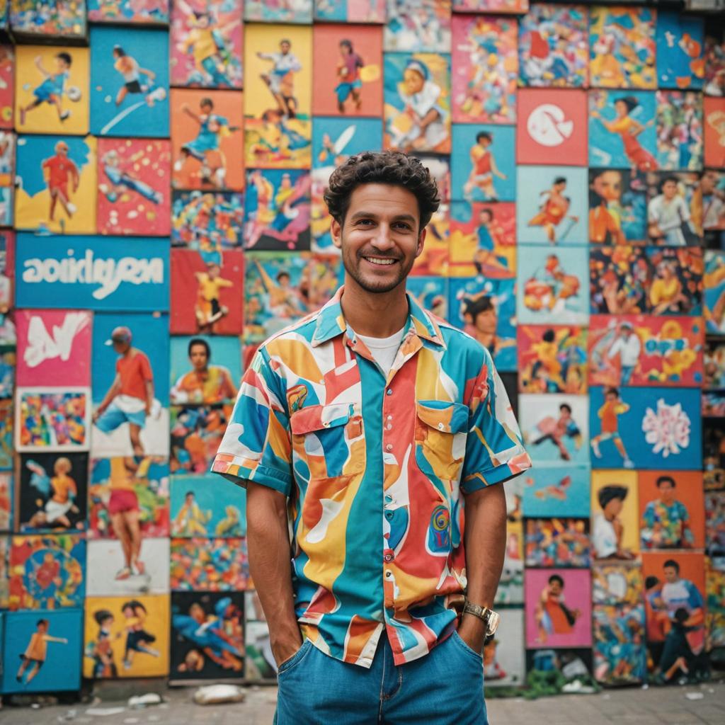 Smiling Man in Colorful Shirt Against Vibrant Mural