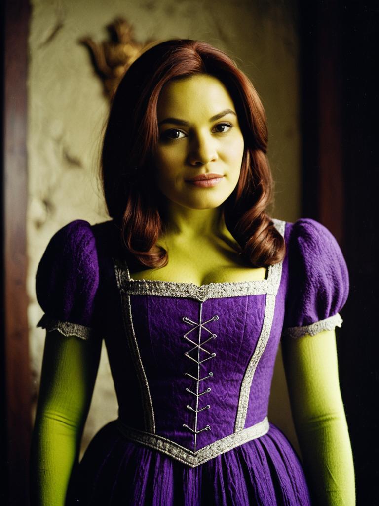 Woman in Purple Dress and Shrek Costume Waist-Up Editorial Portrait