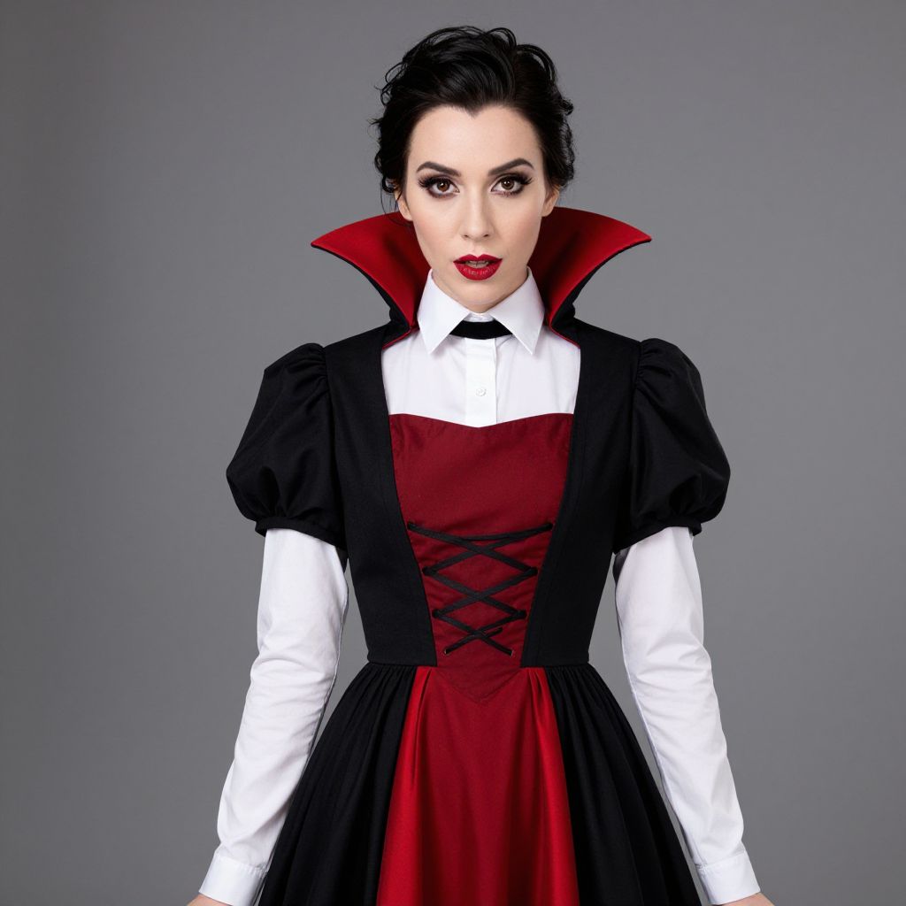 Woman in Elegant Vampire Costume with High Collar and Gothic Style