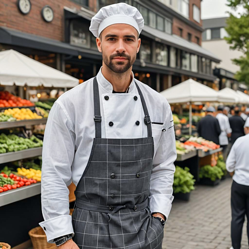 Male Chef in Traditional Uniform at Outdoor Market with Fresh Produce