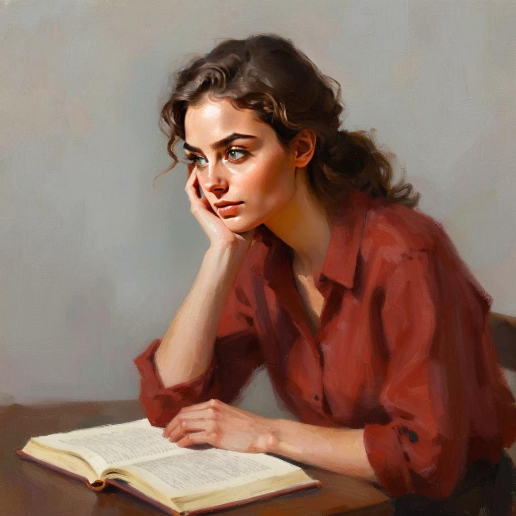Contemplative Young Woman Reading at Table Painting