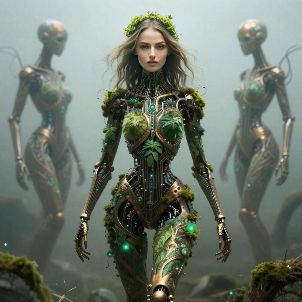 Futuristic Biomechanical Woman with Nature Elements in Sci-Fi Setting