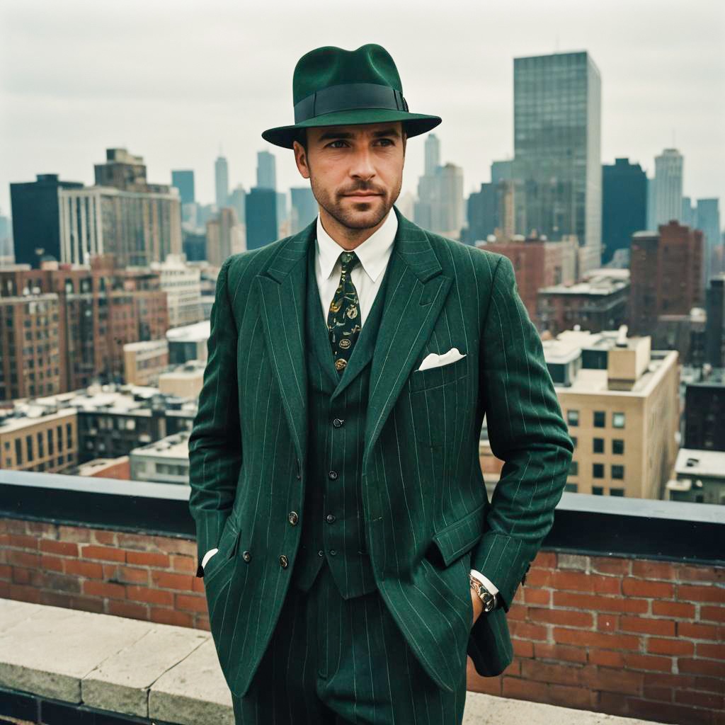 Man in Vintage Green Pinstripe Suit and Fedora on City Rooftop