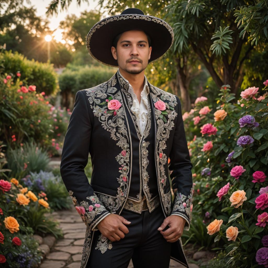 Man in Artistic Embroidered Suit in Garden at Sunset