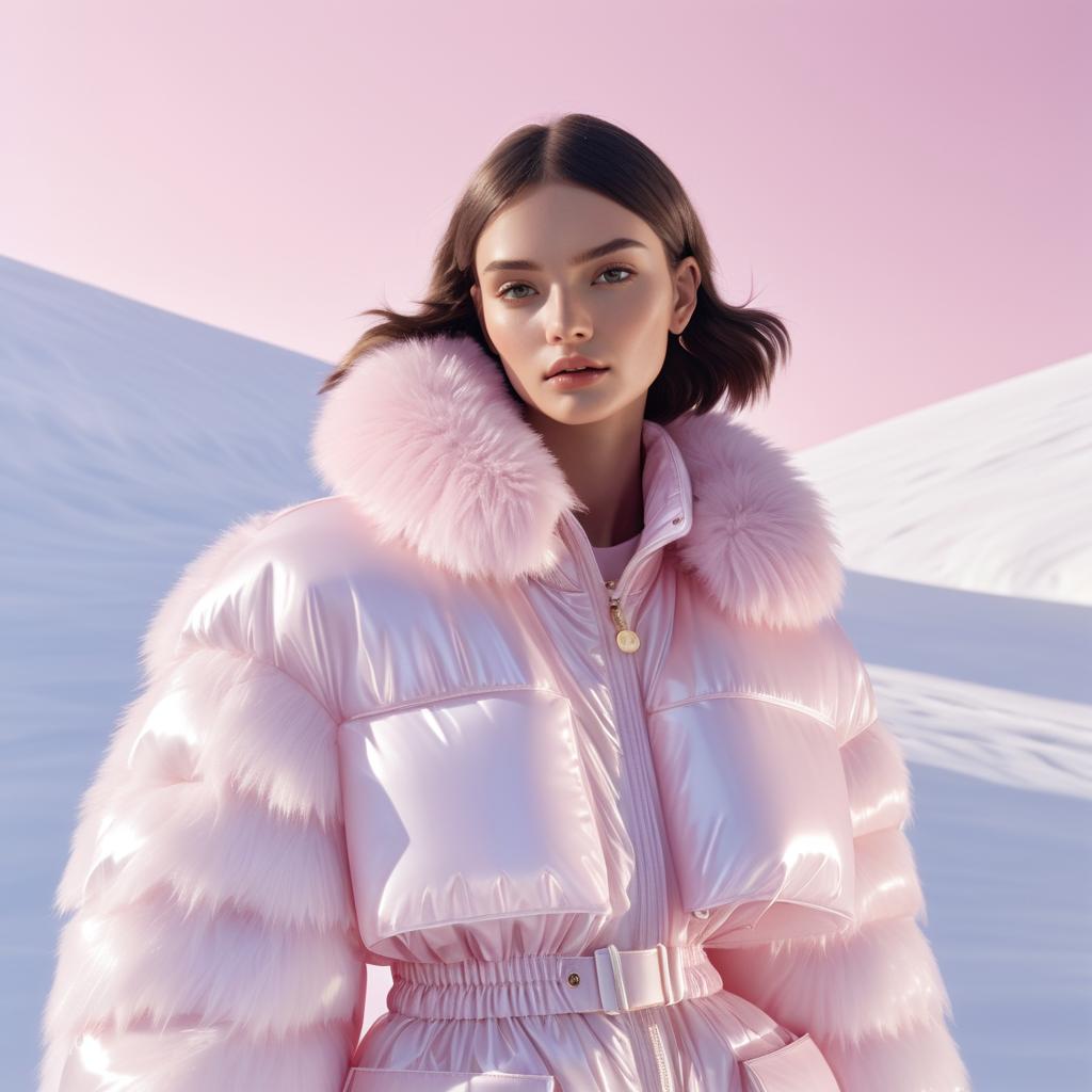 Woman in Luxurious Pink Puffer Jacket Against Snowy Landscape