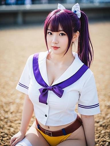 Cosplay Woman in Purple Sailor School Uniform with Ponytail Hair Outdoors
