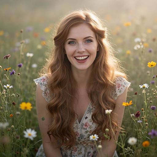 Smiling Woman in Floral Dress Sitting in Wildflower Meadow