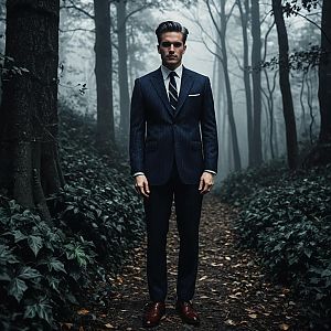 Confident Man in Pinstripe Suit on Forest Path