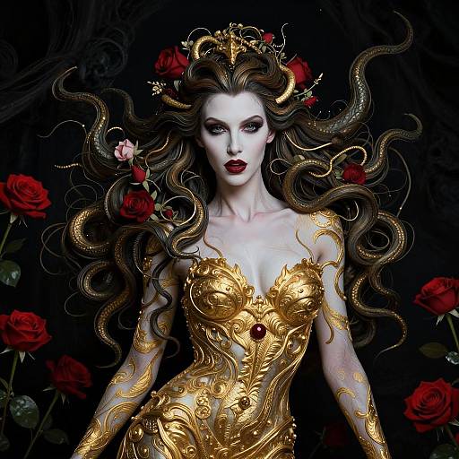 Mythical Woman Wearing Ornate Golden Armor with Serpent Hair and Red Roses