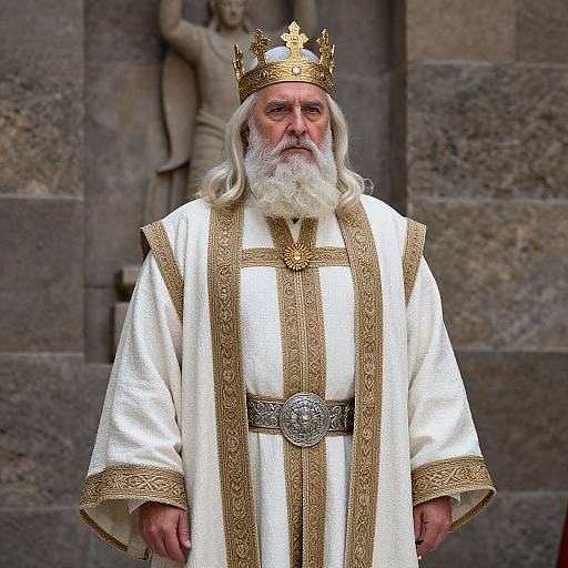 Medieval King Portrait in Ornate White and Gold Robe with Crown
