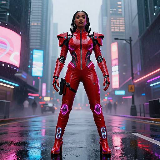 Cyberpunk Woman in Futuristic Red Armor Standing in Neon City