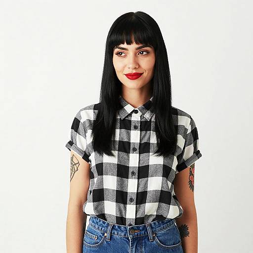 Young Woman in Black and White Checkered Shirt with Tattoos and Red Lipstick