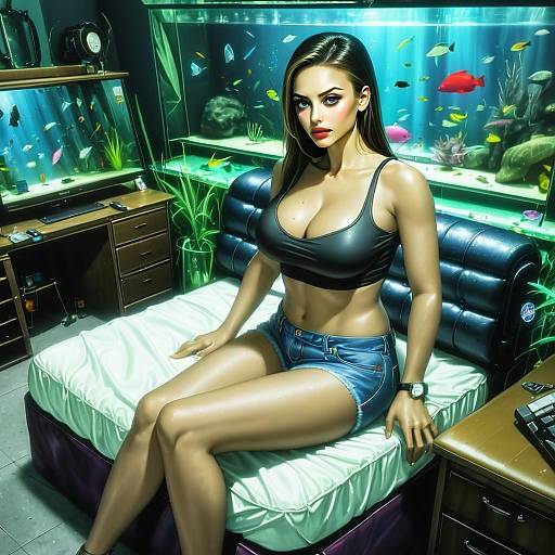 Anime Style Woman Sitting on Bed in Room with Large Aquariums and Colorful Fish