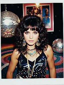 Retro Disco Woman with Curly Hair and Sequined Top