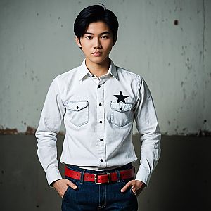 Young man in stylish outfit against gray background