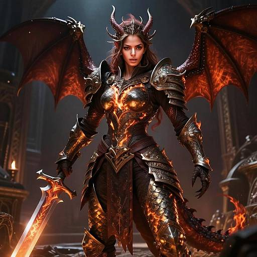 Epic Fantasy Woman Warrior in Dragon Armor with Glowing Sword and Wings