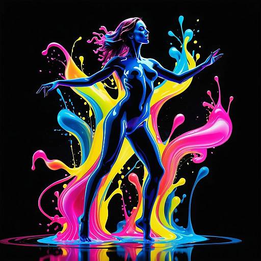 Neon Digital Art of Woman with Colorful Paint Splashes