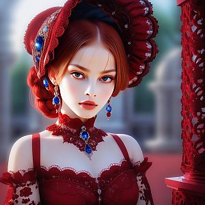 Woman in Red Lace Gown with Blue Gemstones