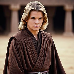 Young Man in Brown Robe with Blonde Hair in Fantasy Setting