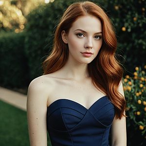 Portrait of Red-Haired Woman in Navy Blue Dress Outdoors