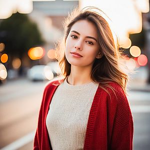 Young Woman in Cream Sweater and Red Cardigan at Golden Hour
