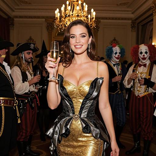 Woman in Gold and Black Evening Gown at Luxury Costume Party