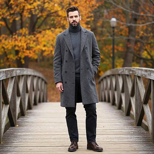 Stylish Man in Gray Overcoat on Autumn Bridge