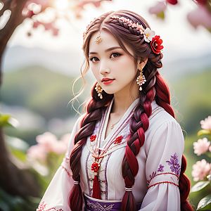 Young Woman in Traditional Attire Surrounded by Flowers