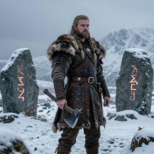 Viking Warrior in Fur Armor with Axe and Rune Stones in Snowy Landscape