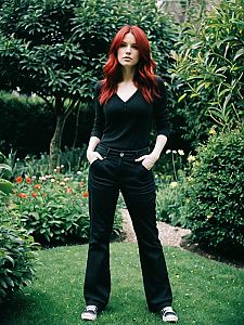 Confident Red-Haired Woman in Black Outfit Standing in Garden